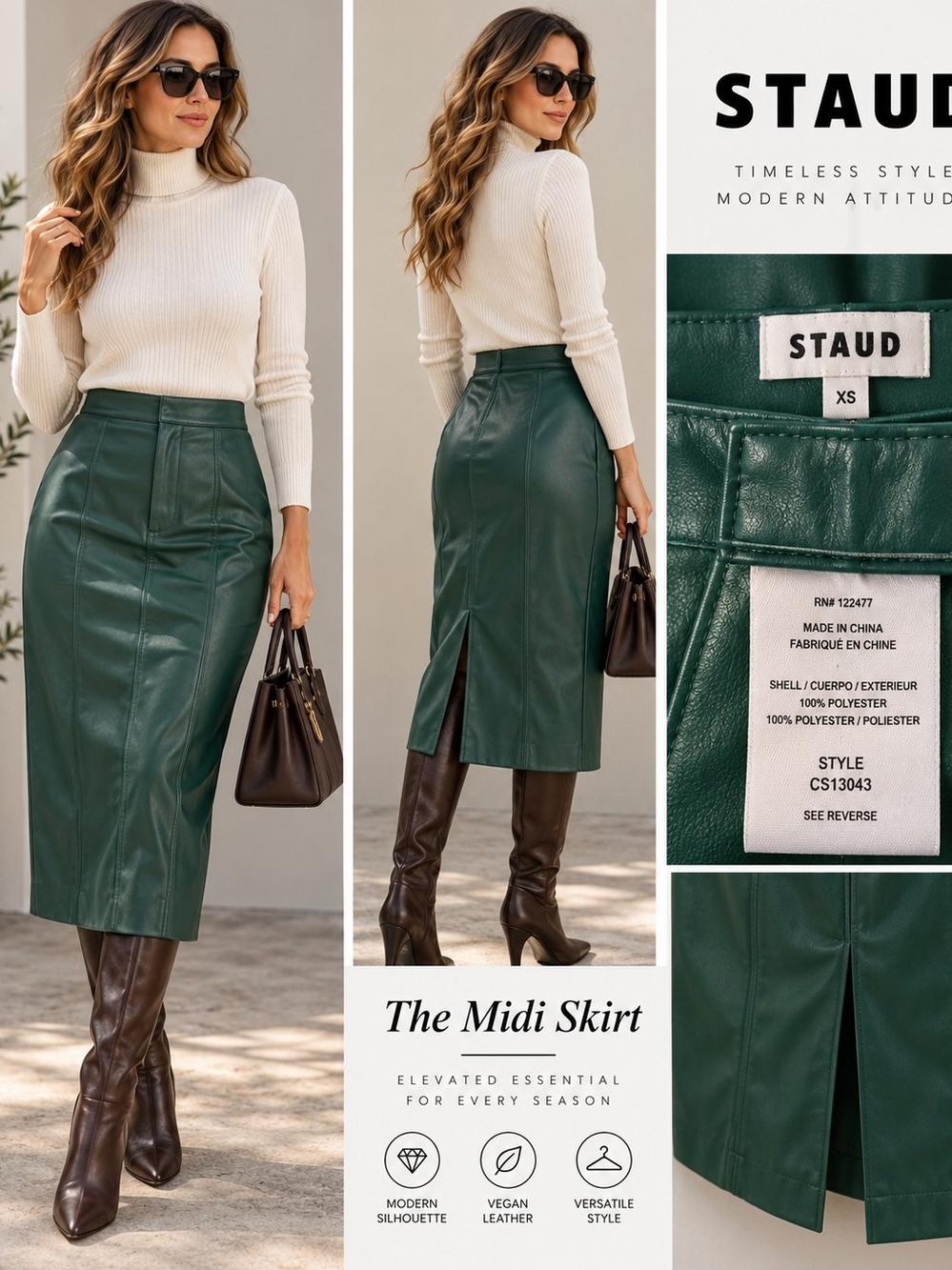 STAUD Dark Green Faux Leather Midi Pencil Skirt XS NWOT